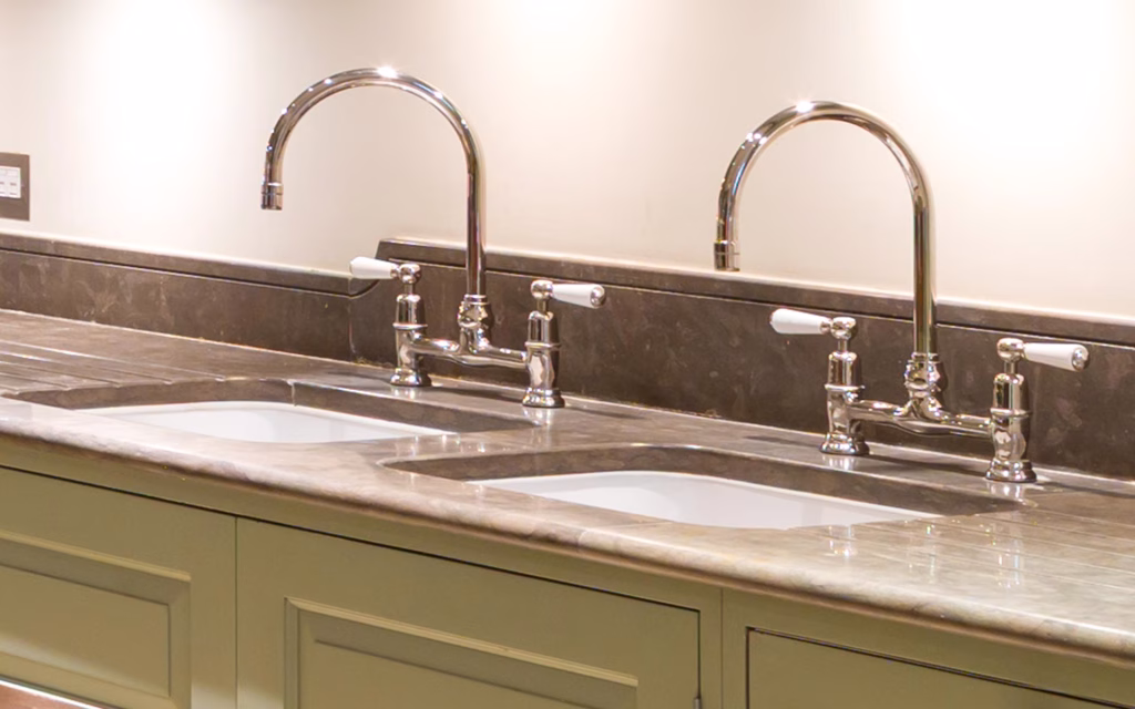 Twin Sinks and Taps - Kitchen, Green Pained, Chelsea, London - TIM WOOD Twin Sinks and Taps - Kitchen, Green Pained, Chelsea, London