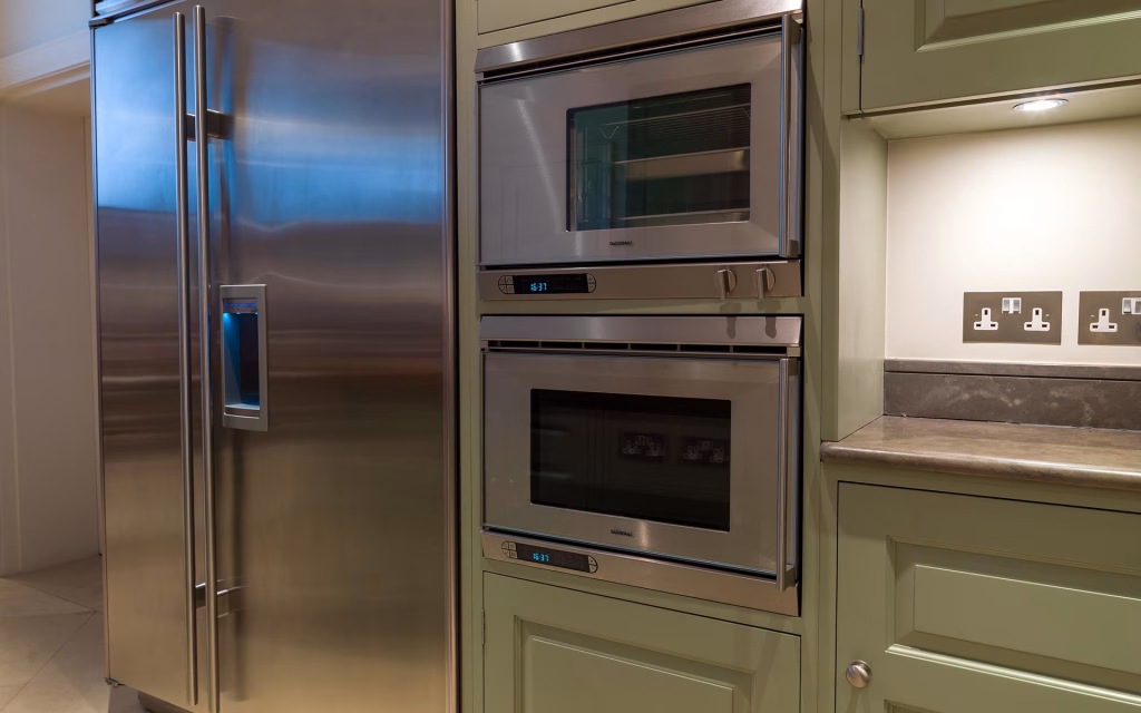 Sub Zero Fridge & Gaggenau, Kitchen, Green Pained, Chelsea, London - TIM WOOD Sub Zero Fridge & Gaggenau Kitchen, Green Pained, Chelsea, London
